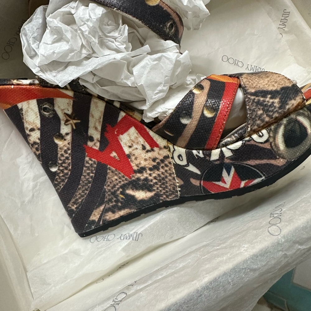 Jimmy Choo Red and Black Graphic Wedge Sandals